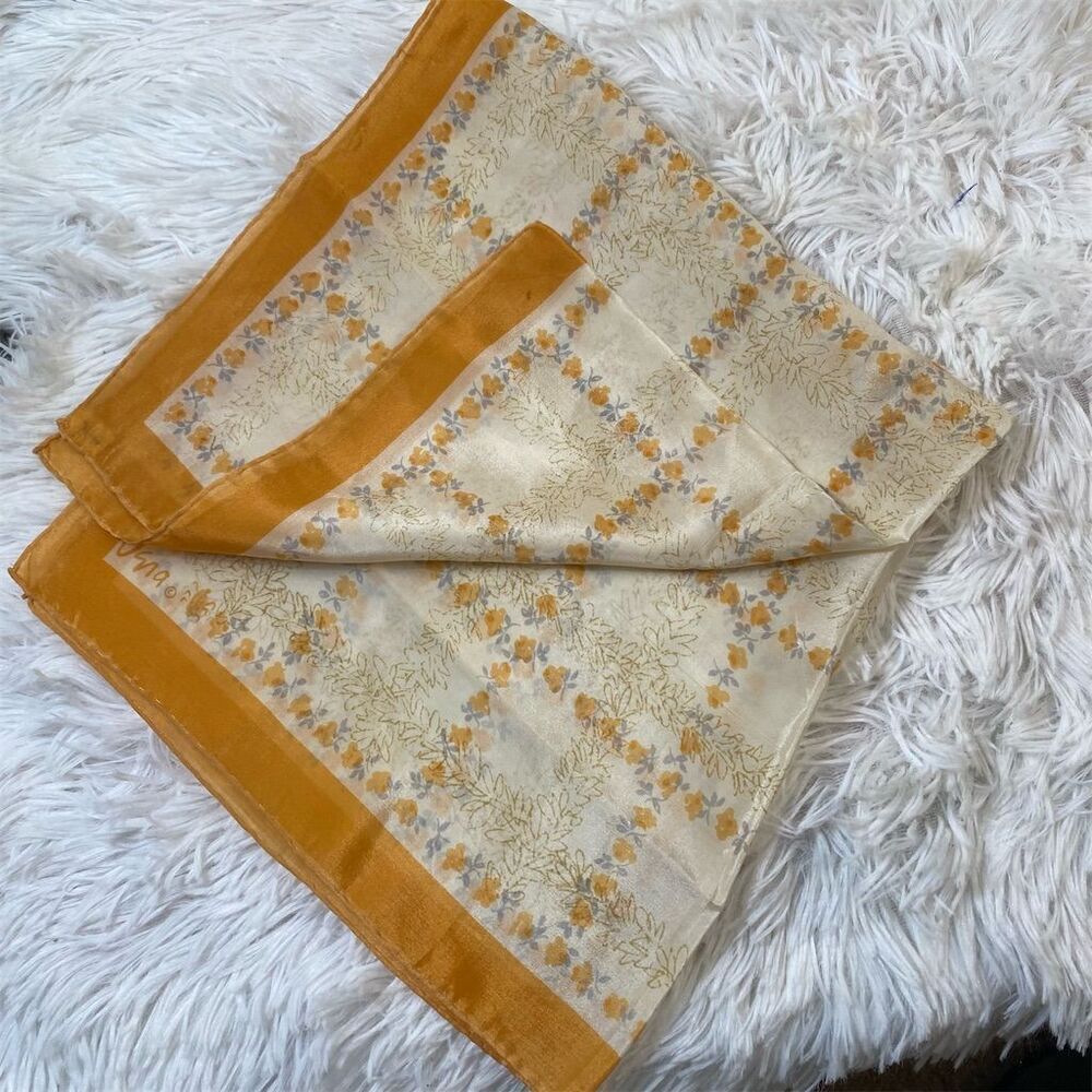 Vintage Vera Neumann Silk Floral Square Scarf Orange Yellow 70s